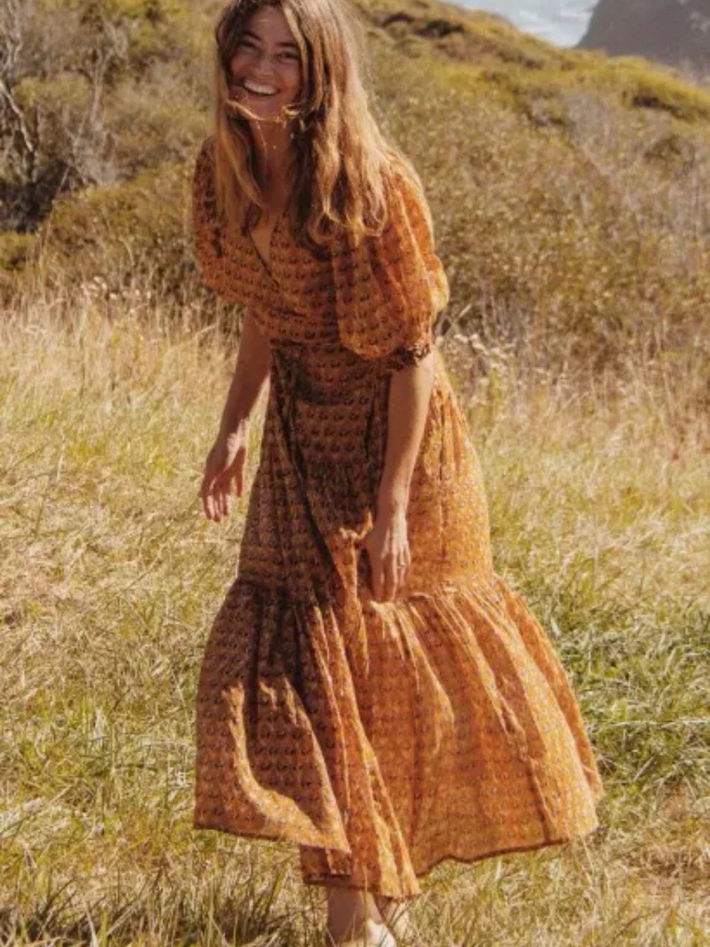 Daughters Of India Prairie Midi Dress Large Autumn Floral Cottagecore Boho